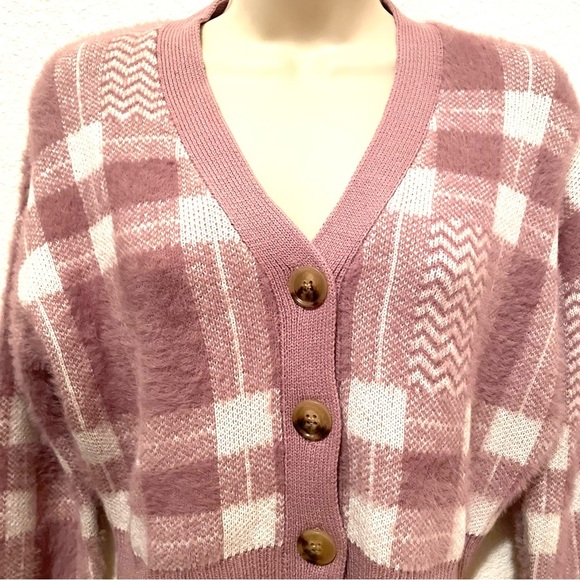 NWT BP Nordstroms Emma Plaid Short Cropped Cardigan Purple/Mauve Sweater - Picture 4 of 7